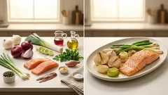 Salmone arrosto con porri e cipolle: tutto in teglia, succoso e profumato