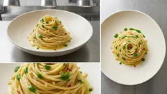 Spaghetti foiuti: aglio, olio e peperoncino con cremina di prezzemolo