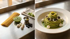 Spaghetti al pesto “con gli occhi”: idea veloce e scenografica per Halloween